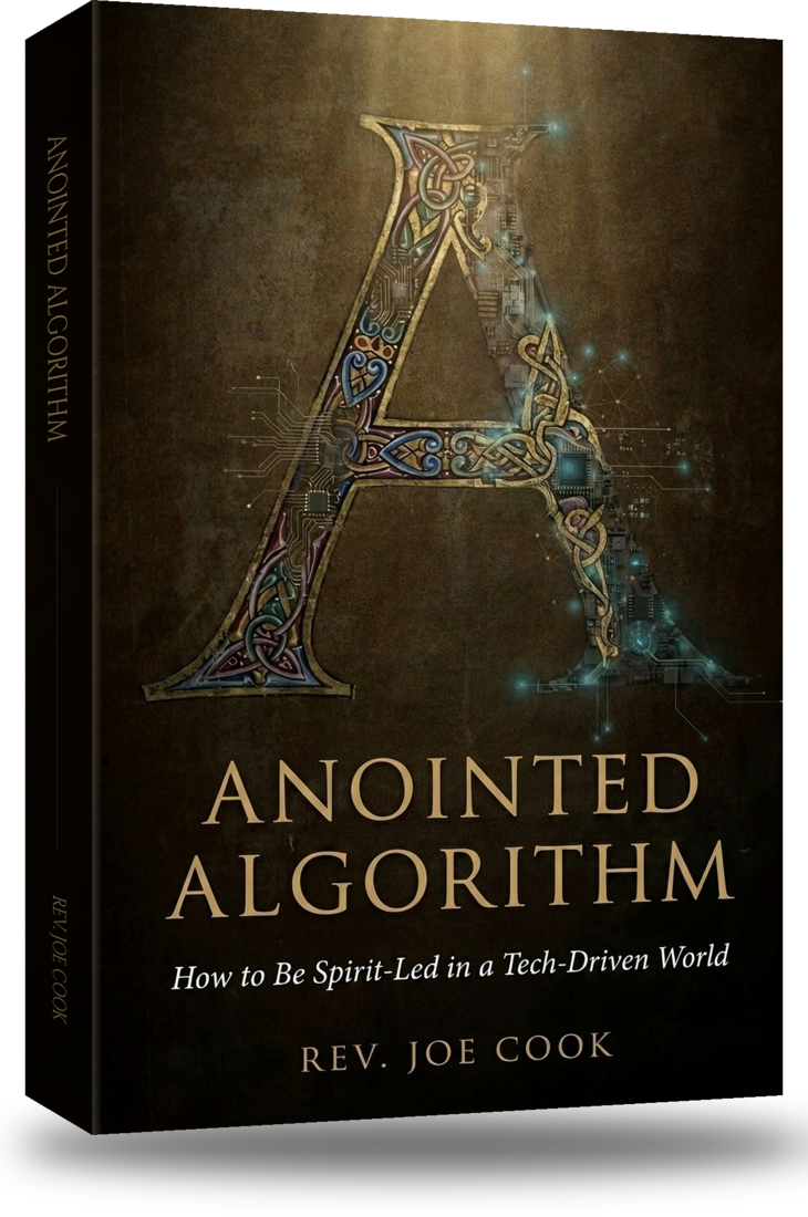 Anointed Algorithm paperback, an illuminated letter A with gold knotwork and circuitry on a dark brown cover